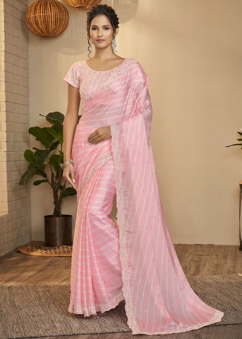 Baby Pink Woven Satin Silk Saree