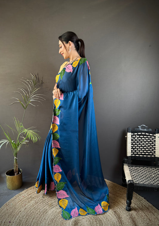 Navy Blue Georgette Saree with Multicolor Leaf Embroidery Border & Designer Pallu