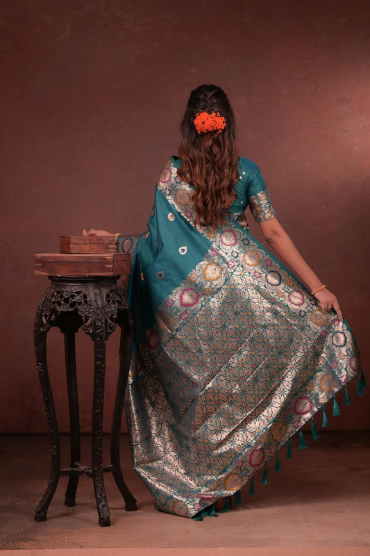 Teal Green Banarasi Silk Saree with Floral Zari Woven Border & Rich Designer Pallu