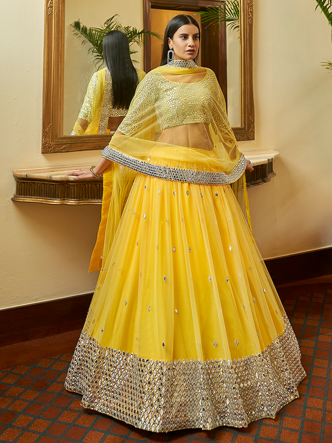 Yellow Soft Net Semi Stitched Lehenga With Unstitched Blouse