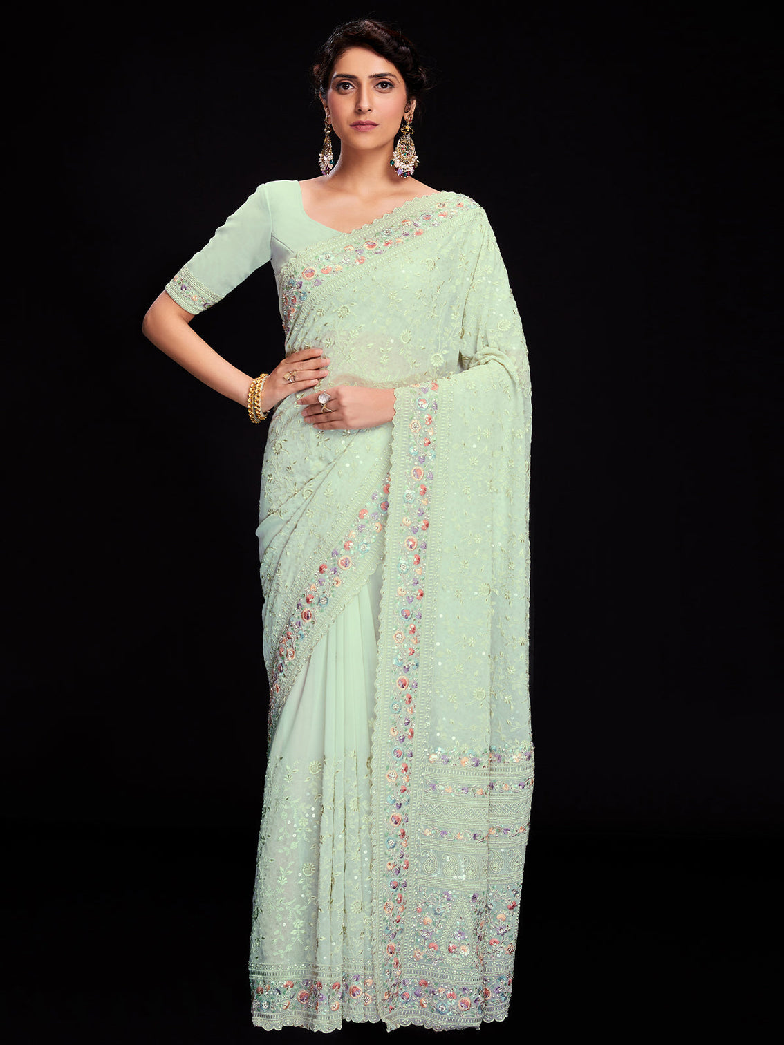 Sea Green Georgette Embroidered Saree With Unstitched Blouse