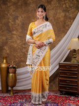 Vantara Mustard Yellow Satin Chiffon Printed Saree with Botanical Nature Print, Designer Tassel Pallu & Matching Blouse Piece