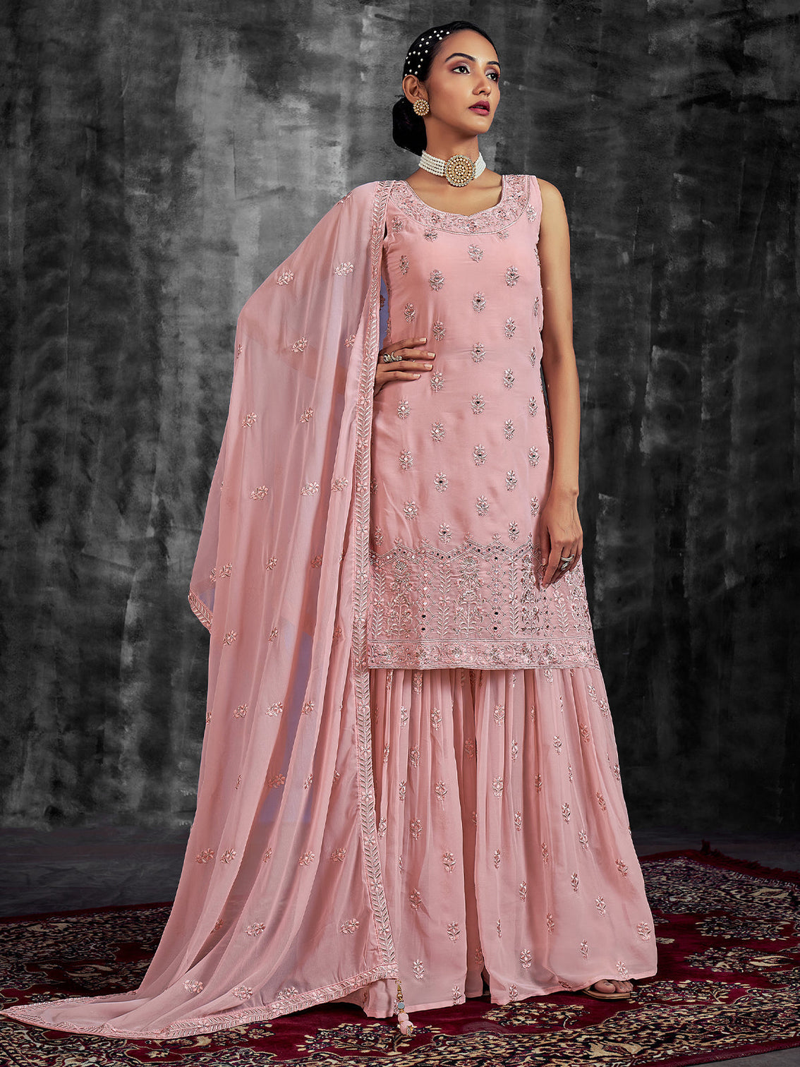 Beautiful Embroidered Pink Georgette Semi Stitched Kurta Set