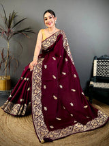 Wine Aari Bird Work Soft Satin Saree