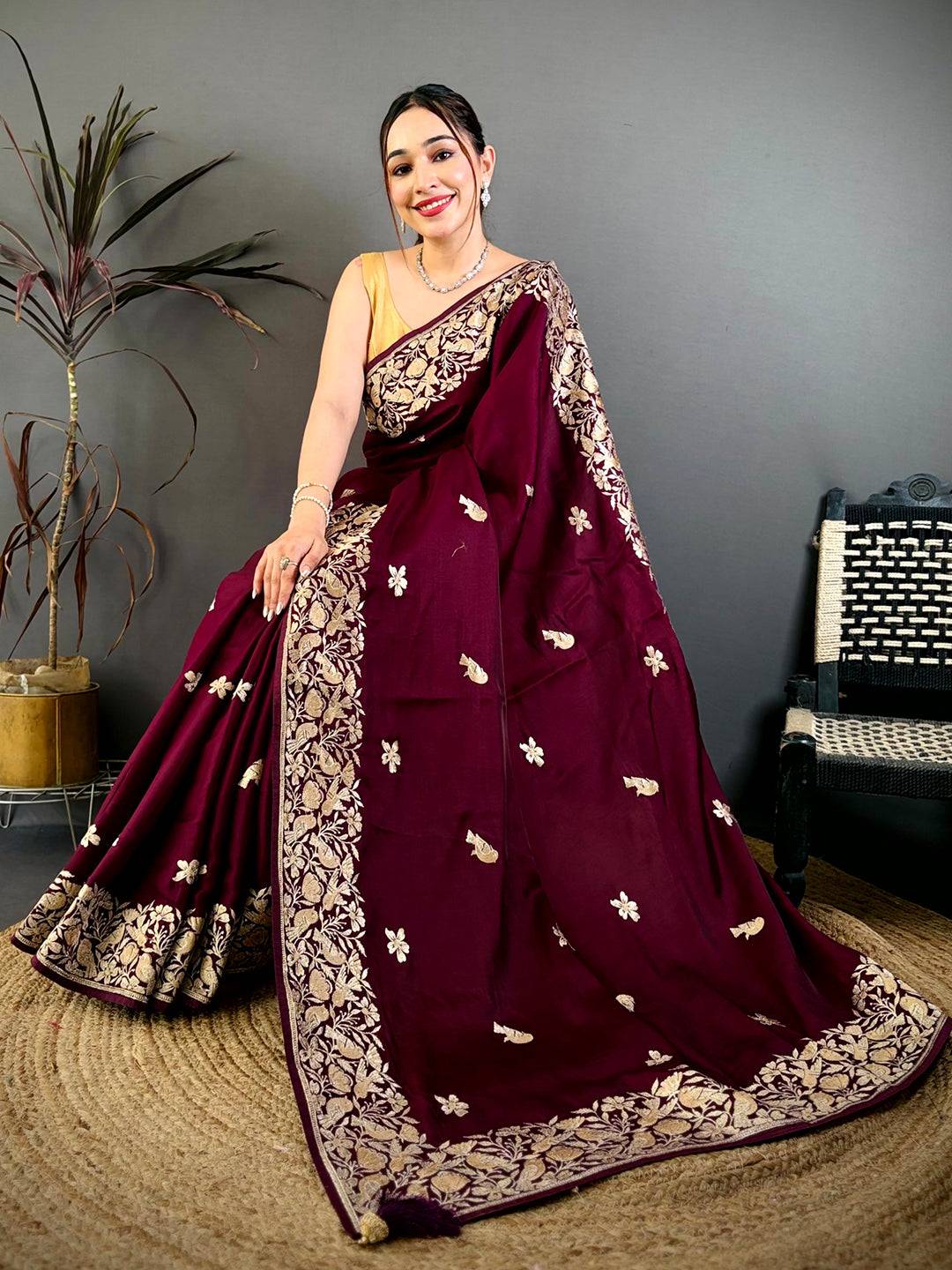 Wine Aari Bird Work Soft Satin Saree