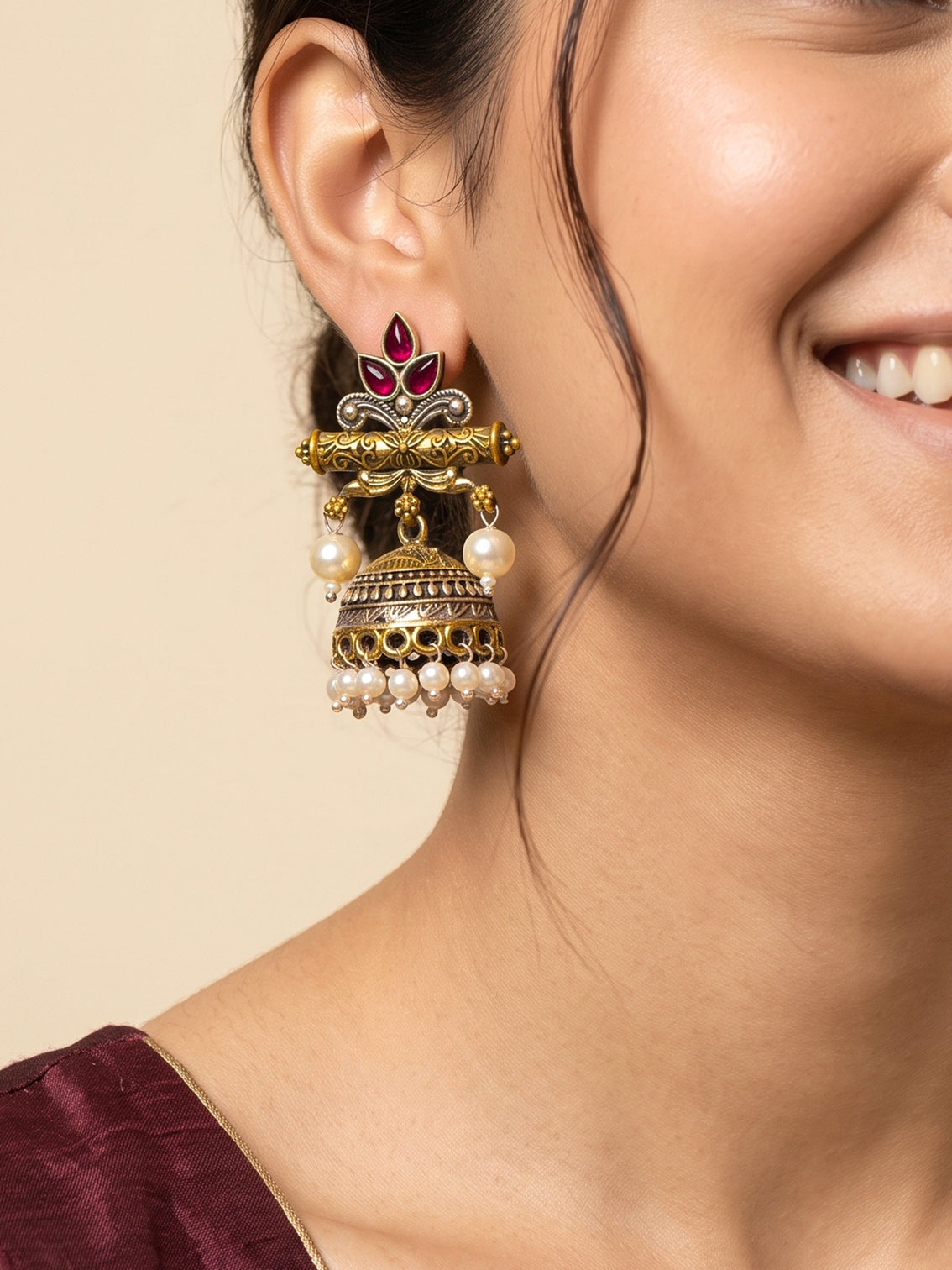 Mameraa Pink Stone & Pearl Drop Jhumka Earrings