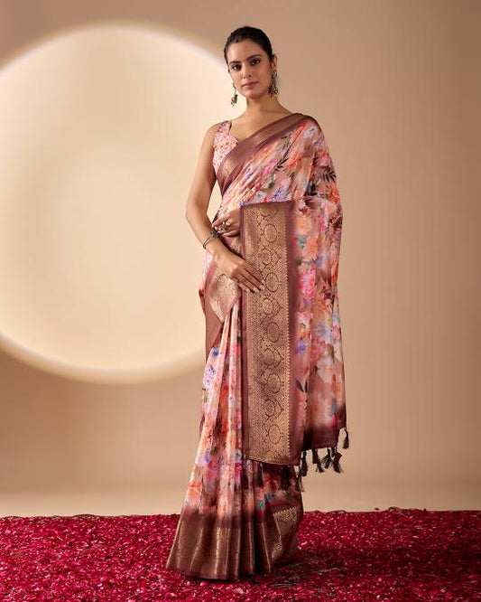Premium Soft Silk Floral Printed Saree with Rich Rose Gold Zari Woven Border