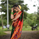 Glorious Green Paithani Silk Saree With Ethnic Blouse Piece