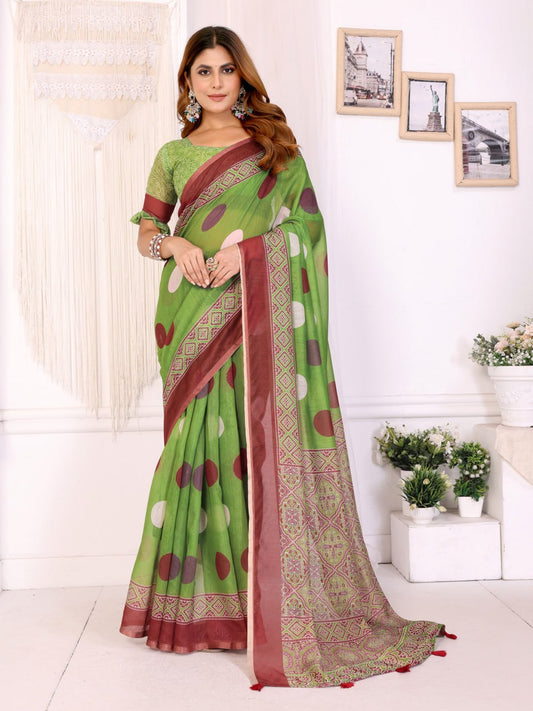 Premium Linen Cotton Polka Dot Printed Saree with Elegant Maroon Border