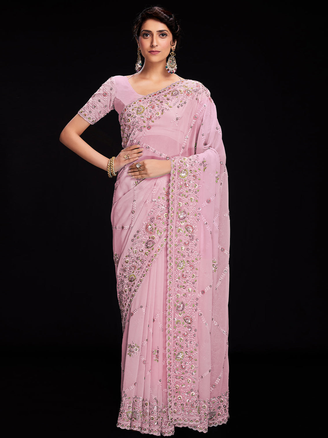 Pink Georgette Embroidered Saree With Unstitched Blouse