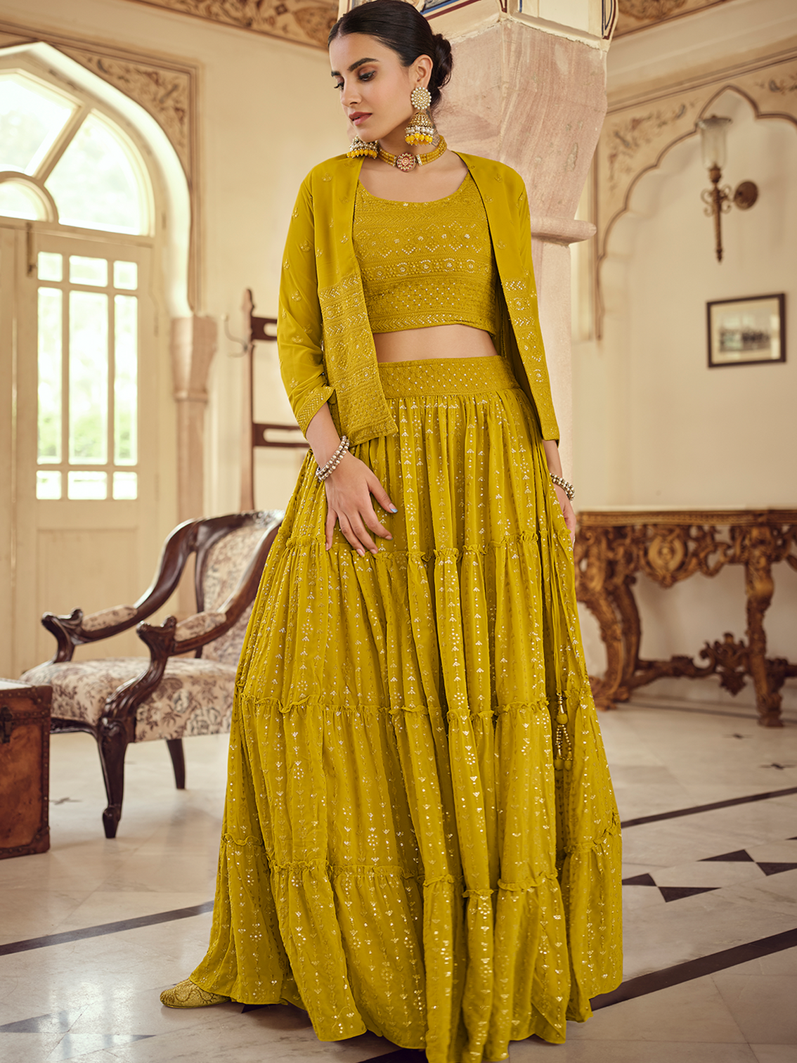 Mustard Embroidered Georgette Semi Stitched Lehenga With Unstitched Blouse