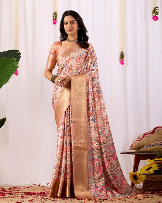 Premium Soft Silk Floral Printed Saree with Rich Gold Zari Woven Border