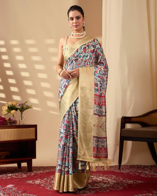 Premium Soft Silk Multicolor Printed Saree with Rich Gold Zari Woven Border