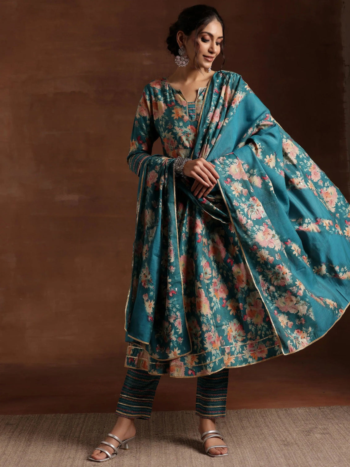 Mameraa Blue Printed Silk Blend Anarkali Suit With Dupatta