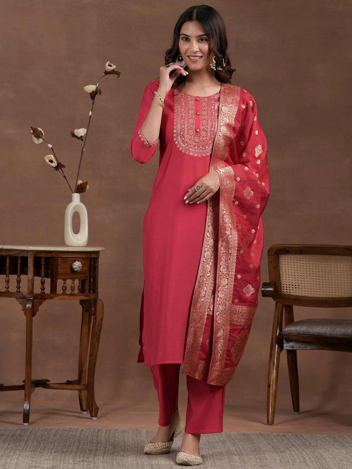 Mameraa Pink Yoke Design Silk Blend Straight Suit With Dupatta