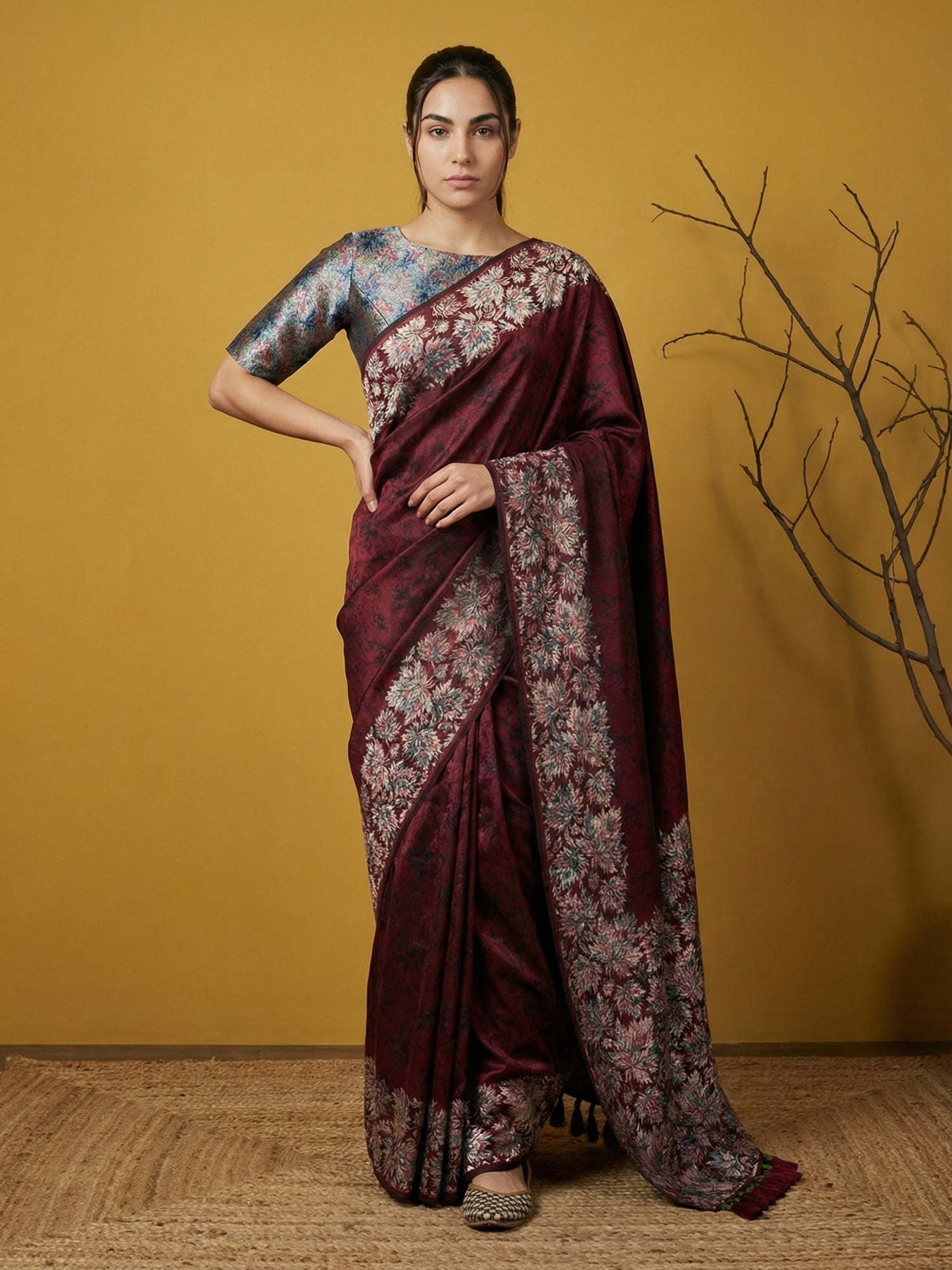 Soft Silk Printed Floral Saree with Rainbow Zari Woven Pallu and Contrast Blouse Festive Party Wear Saree