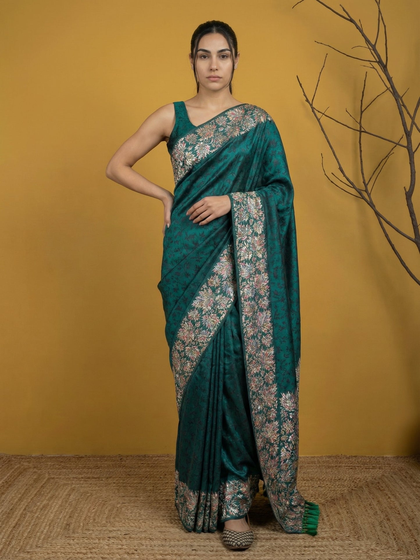 Soft Silk Printed Floral Saree with Rainbow Zari Woven Pallu and Contrast Blouse Festive Party Wear Saree