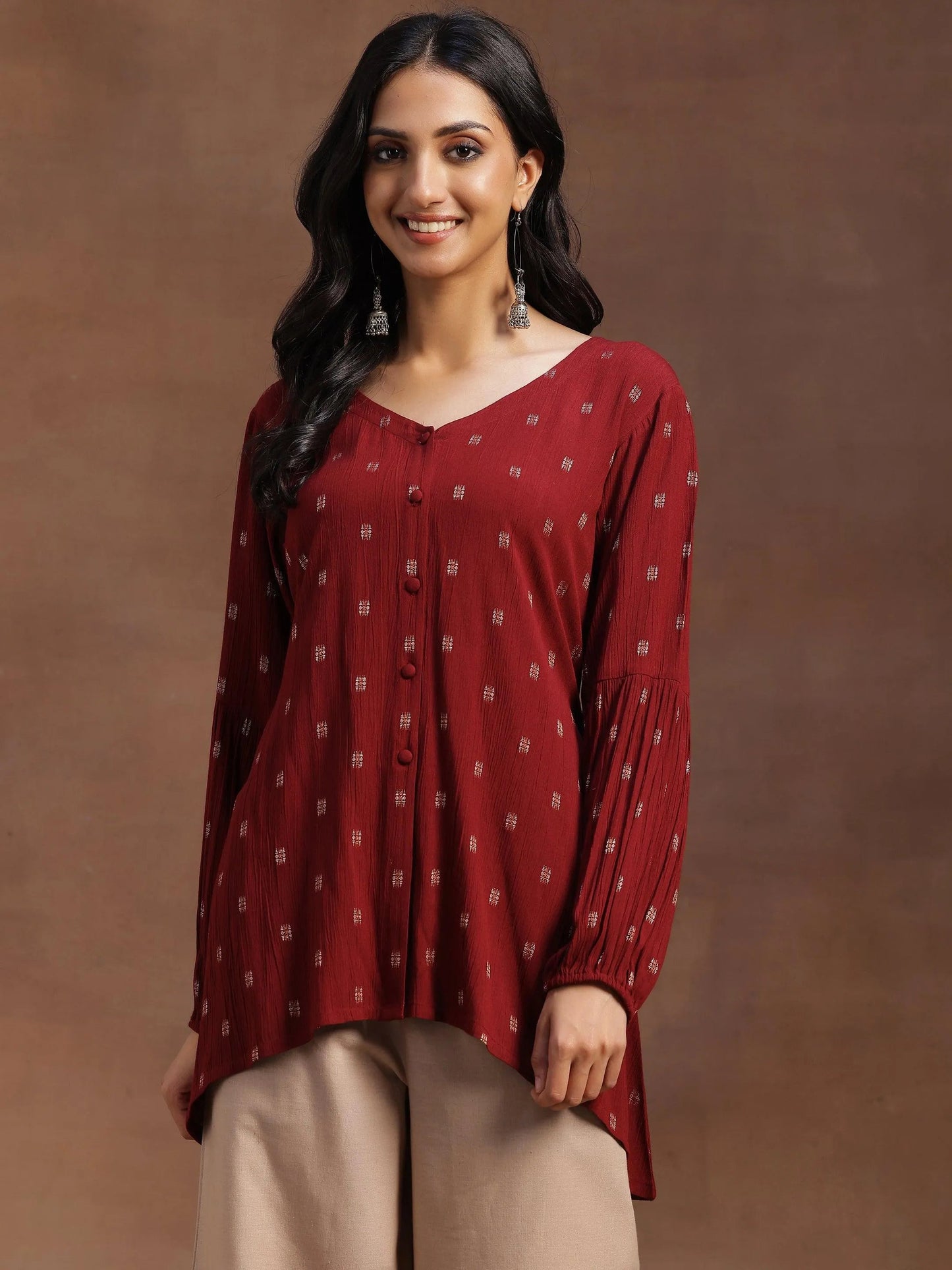 Libas Maroon Woven Design Viscose Rayon A-line Kurti