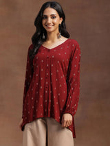 Libas Maroon Woven Design Viscose Rayon A-line Kurti