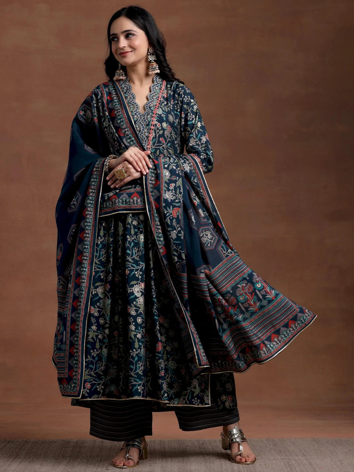 Mameraa Blue Printed Silk Blend A-Line Kurta With Palazzos & Dupatta