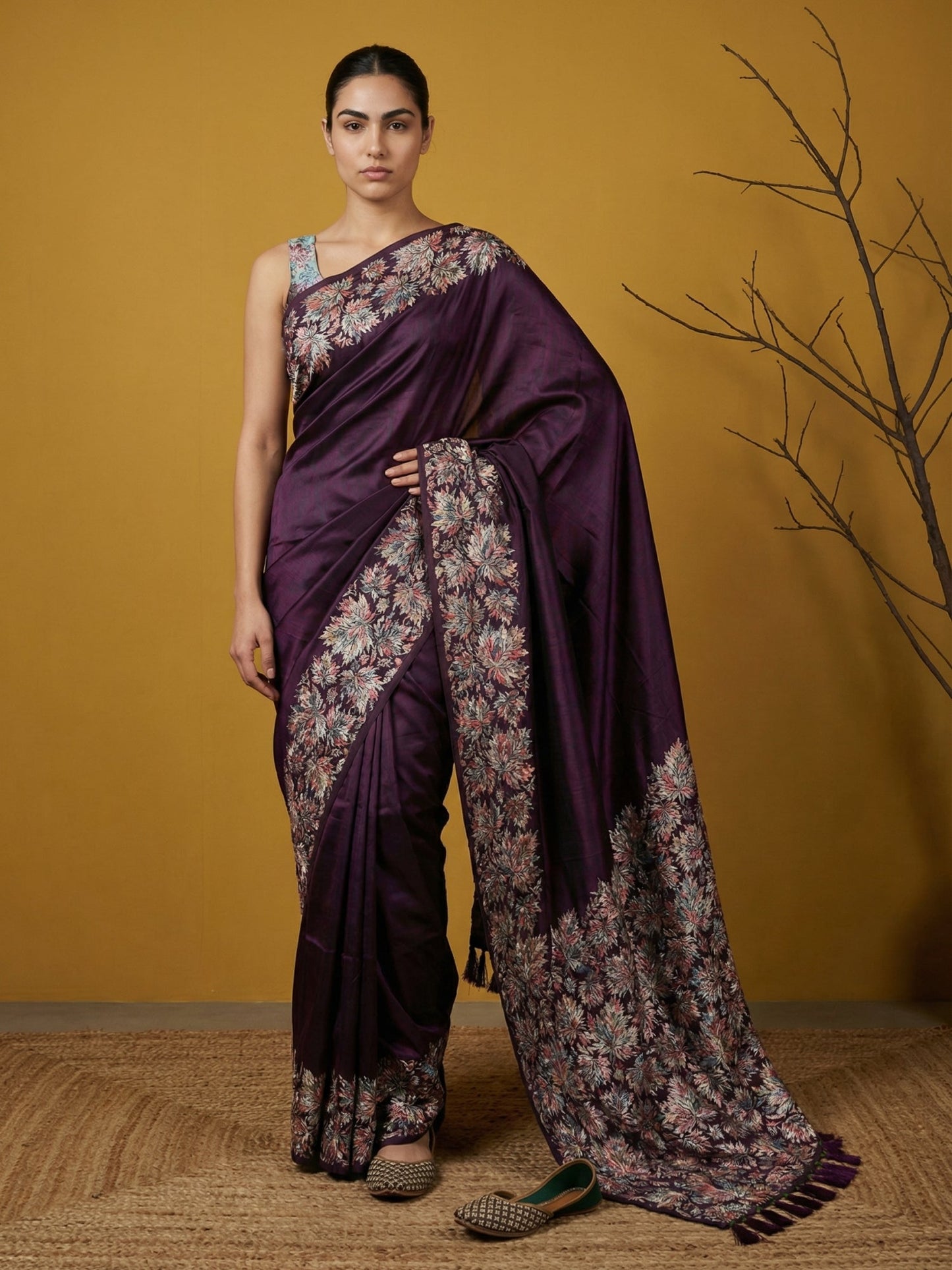 Soft Silk Printed Floral Saree with Rainbow Zari Woven Pallu and Contrast Blouse Festive Party Wear Saree