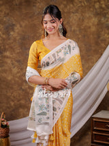 Vantara Mustard Yellow Satin Chiffon Printed Saree with Botanical Nature Print, Designer Tassel Pallu & Matching Blouse Piece