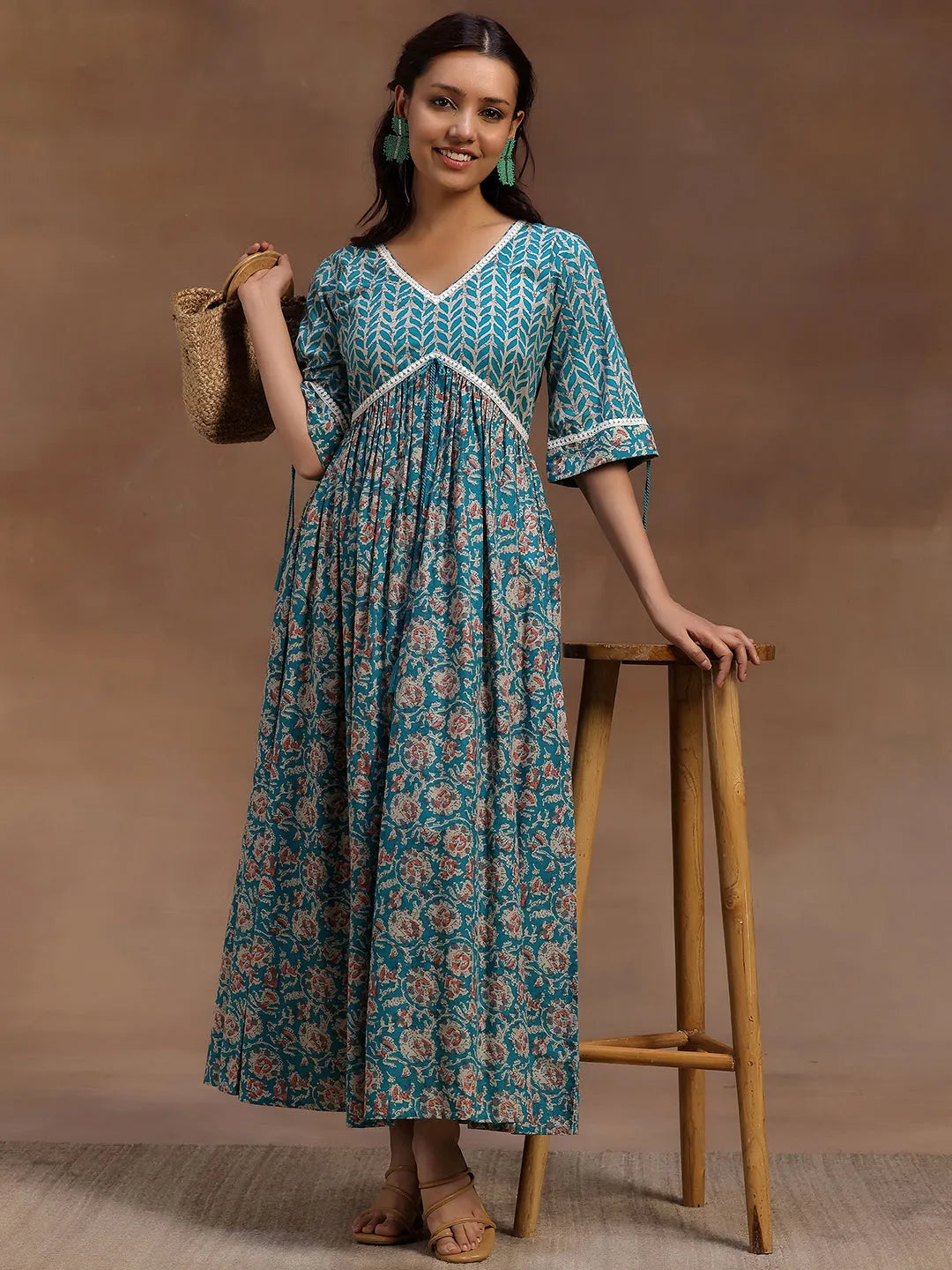 Libas Green Printed Cotton Fit and Flare Dress