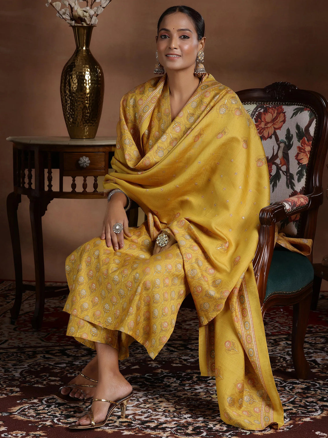 Mameraa Mustard Printed Silk Blend Straight Suit With Dupatta