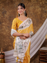 Vantara Mustard Yellow Satin Chiffon Printed Saree with Botanical Nature Print, Designer Tassel Pallu & Matching Blouse Piece