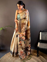 Dark Khaki Semi-Gold Zari Abstract Tussar Saree