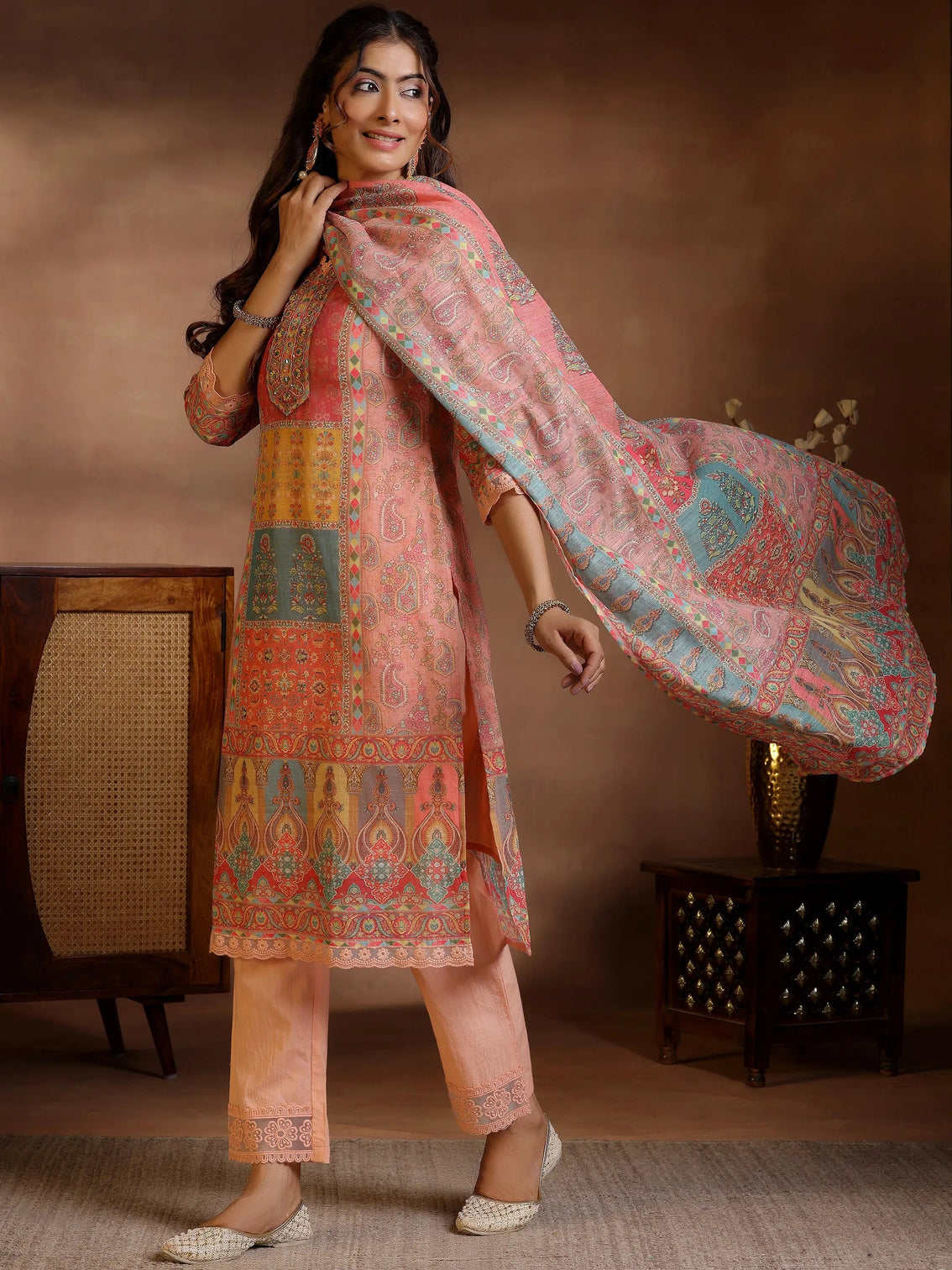Mameraa Peach Printed Cotton Blend Straight Suit With Dupatta