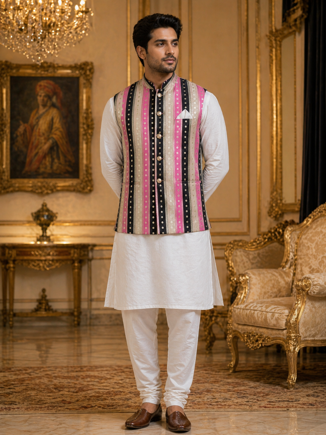 Multicolor Striped - Men's Silk Blend Sleeveless Striped Design Nehru Jacket
