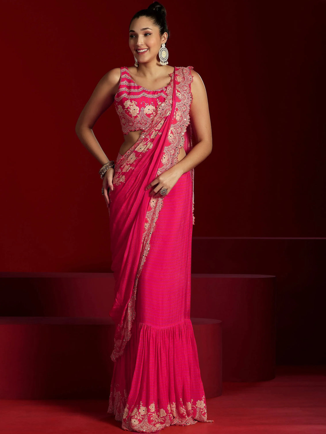 Mameraa Art Pink Embellished Chinnon Saree
