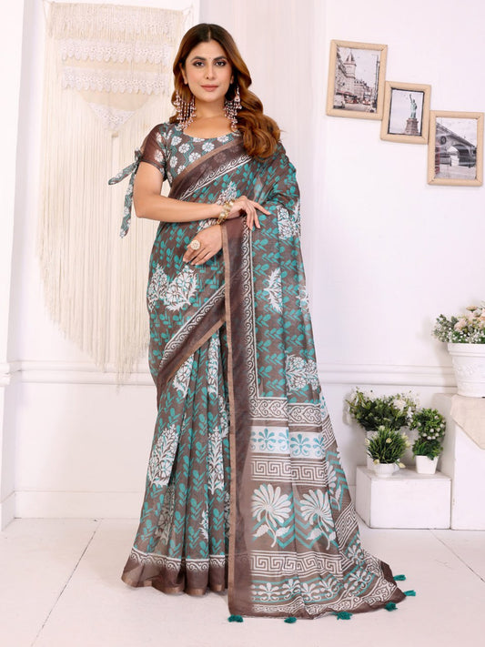 Premium Linen Cotton Floral Printed Saree with Elegant Brown Border