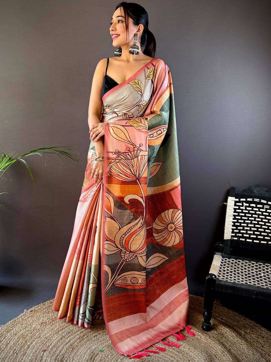 Rose Pink Zari Tussar Printed Saree
