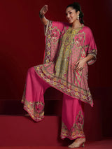 Libas Art Coral Printed Silk Blend Kaftan Kurta With Palazzos
