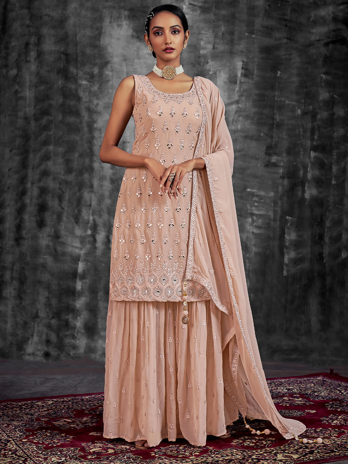Classic Embroidered Peach Georgette Stitched Kurta Set