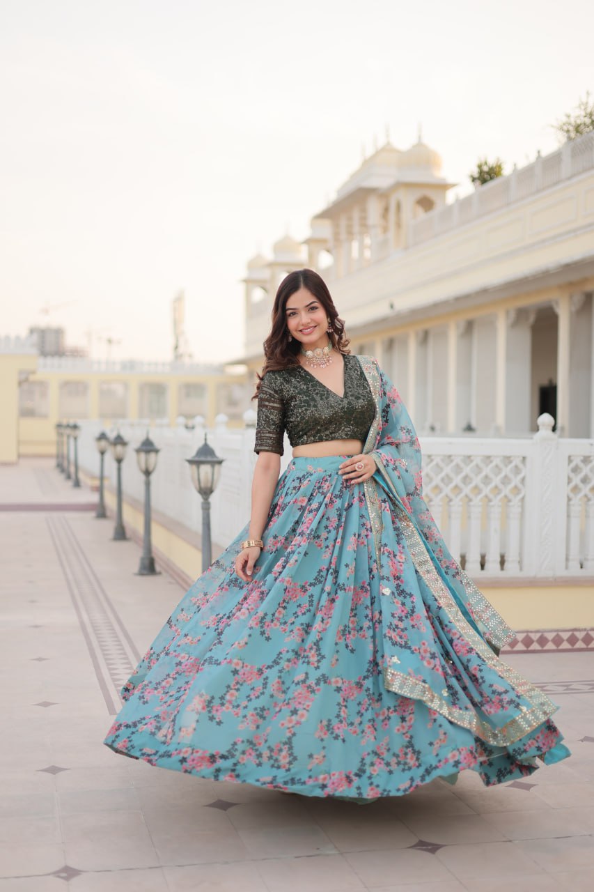 Stunning Russian Silk Sky Blue & Black Lehenga Choli Set with Sequin Embroidery