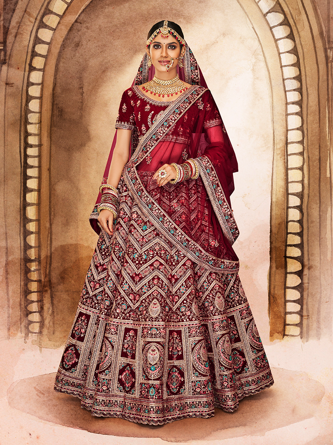 Maroon Embroidered Semi Stitched Lehenga With Unstitched Blouse