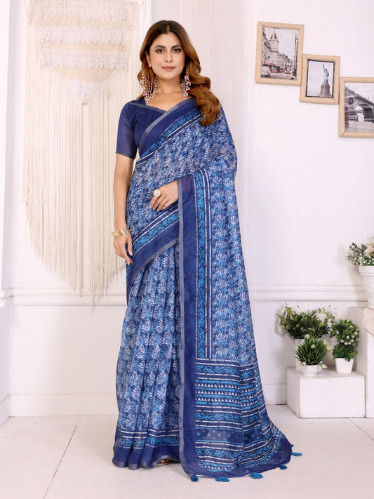 Premium Linen Cotton Blue Floral Printed Saree with Elegant Navy Blue Border