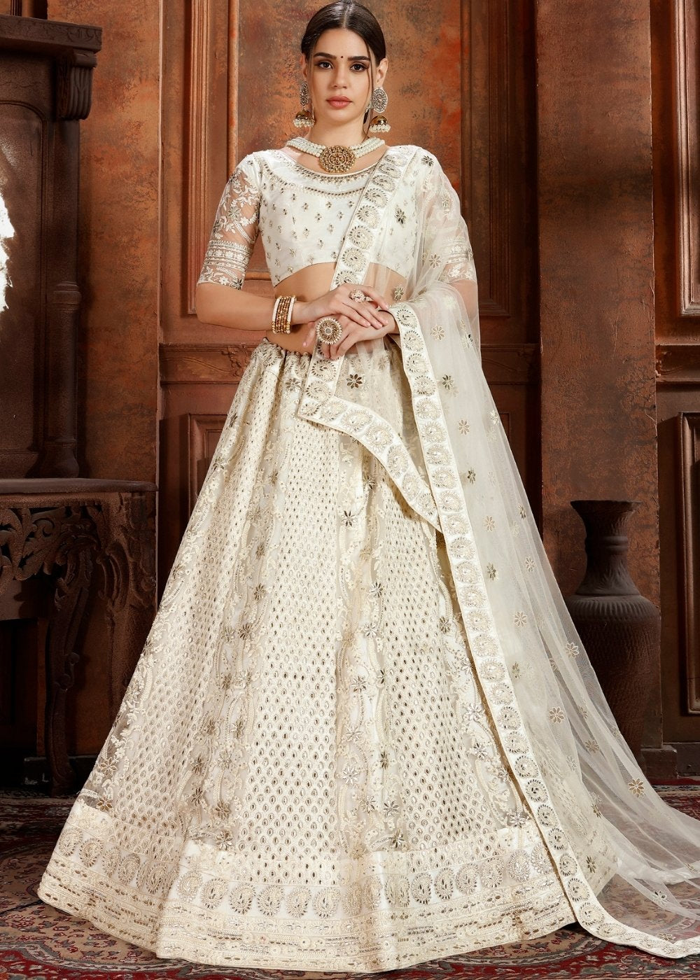Daisy White Soft Net Lehenga Choli with Thread, Zari, Zarkan & Pearl work