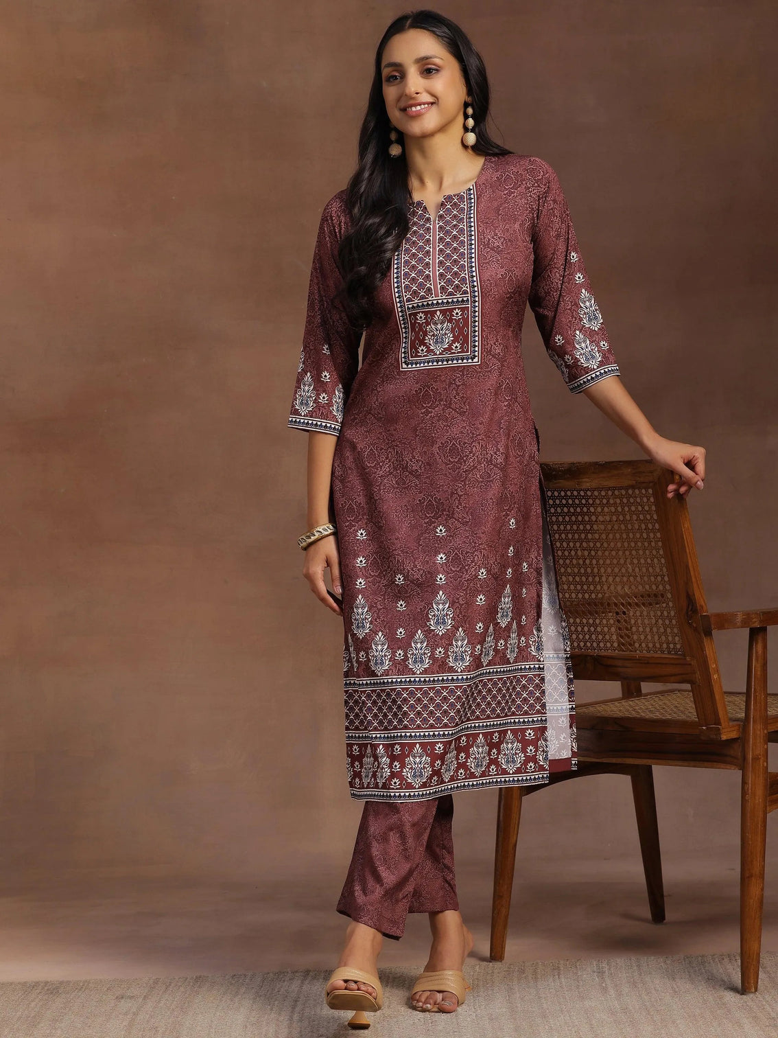 Mameraa Brown Printed Poly Crepe Straight Kurta With Trousers