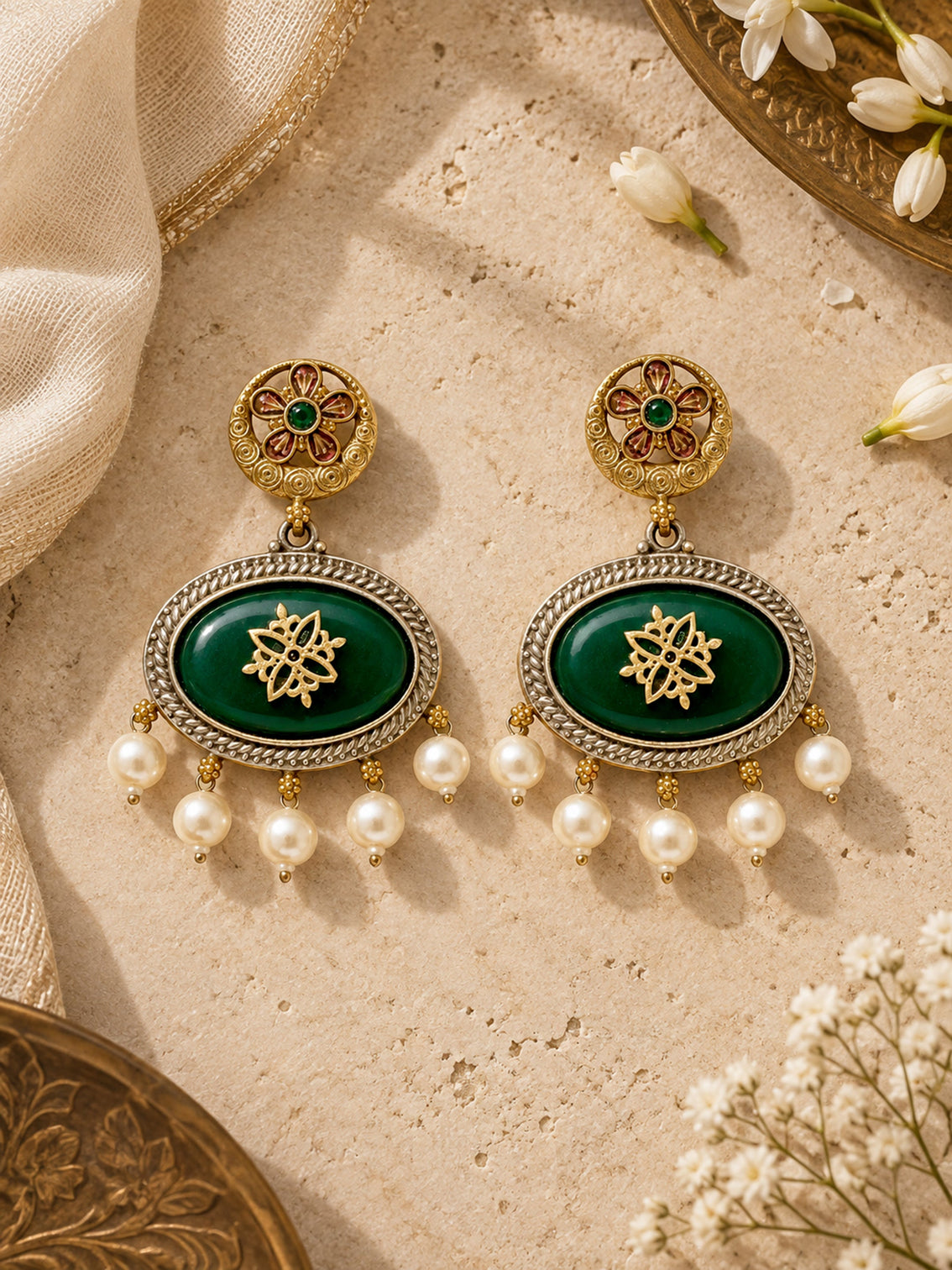 Mameraa Green Stone Statement Pearl Drop Earrings