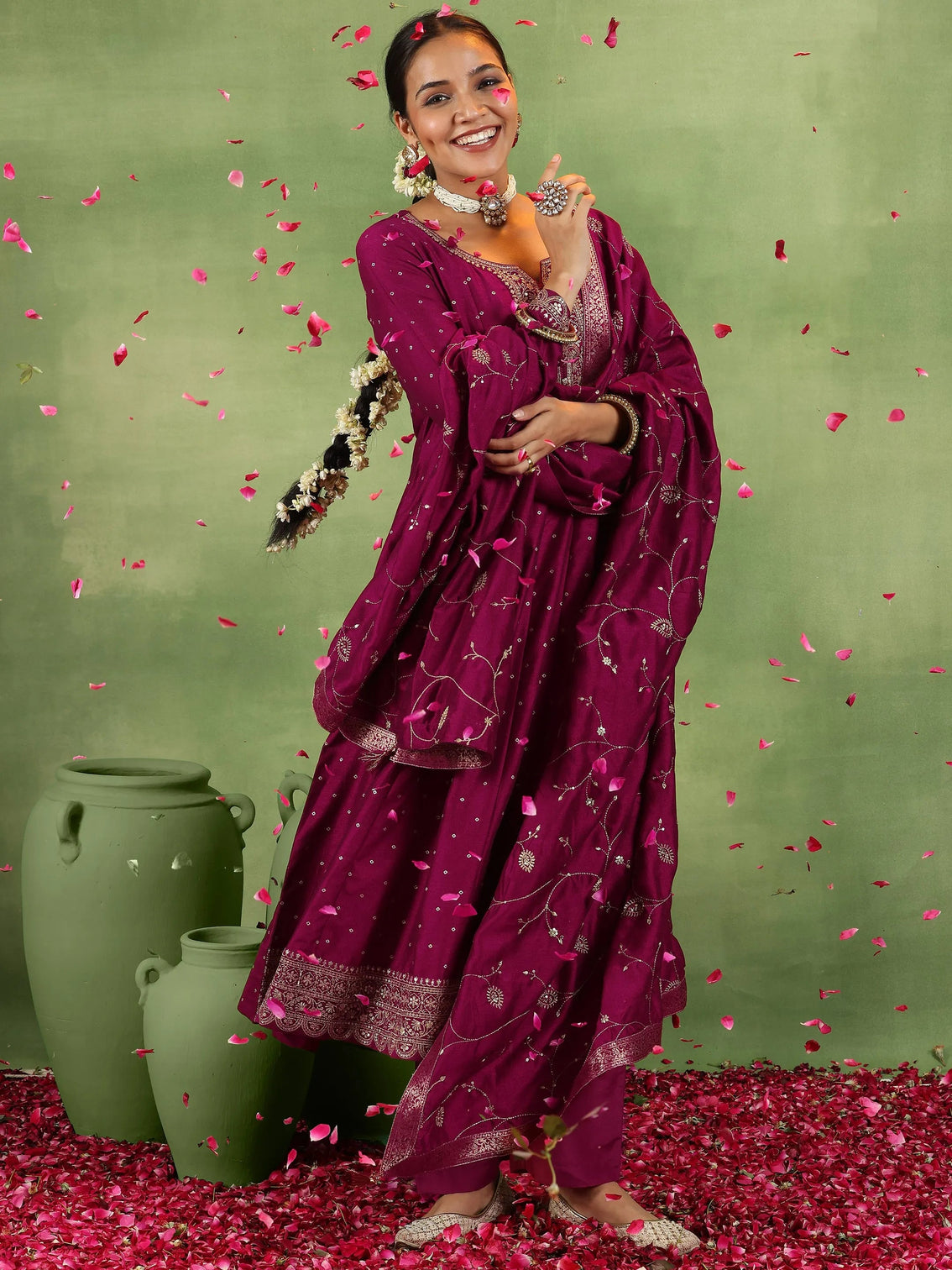 Mameraa Maroon Embroidered Silk Blend Anarkali Suit With Dupatta