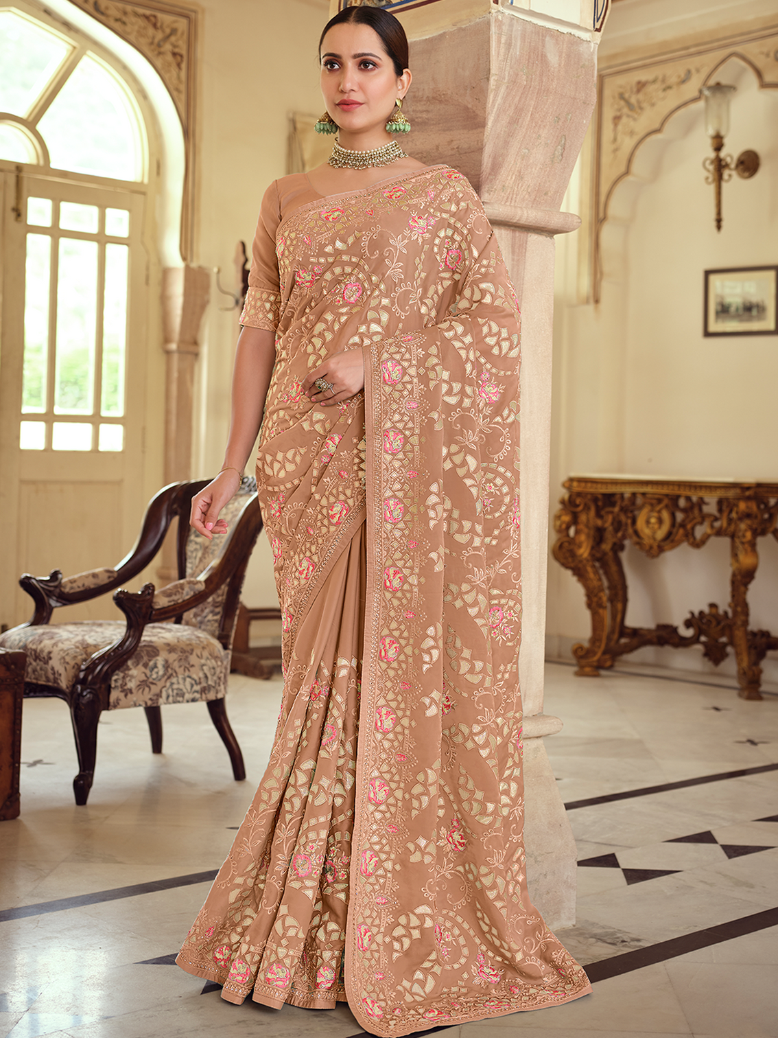 Brown Satin Georgette Saree With Unstitched Blouse
