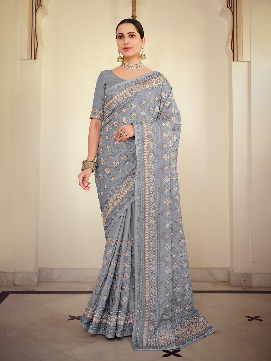 Grey Satin Georgette Saree With Unstitched Blouse