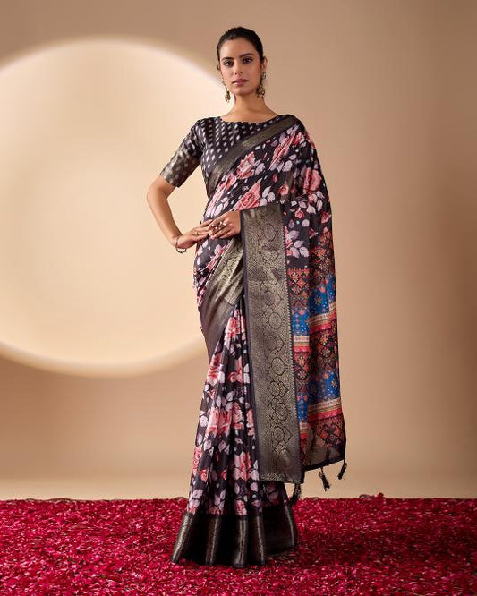 Premium Soft Silk Floral Printed Saree with Rich Black Silver Zari Woven Border