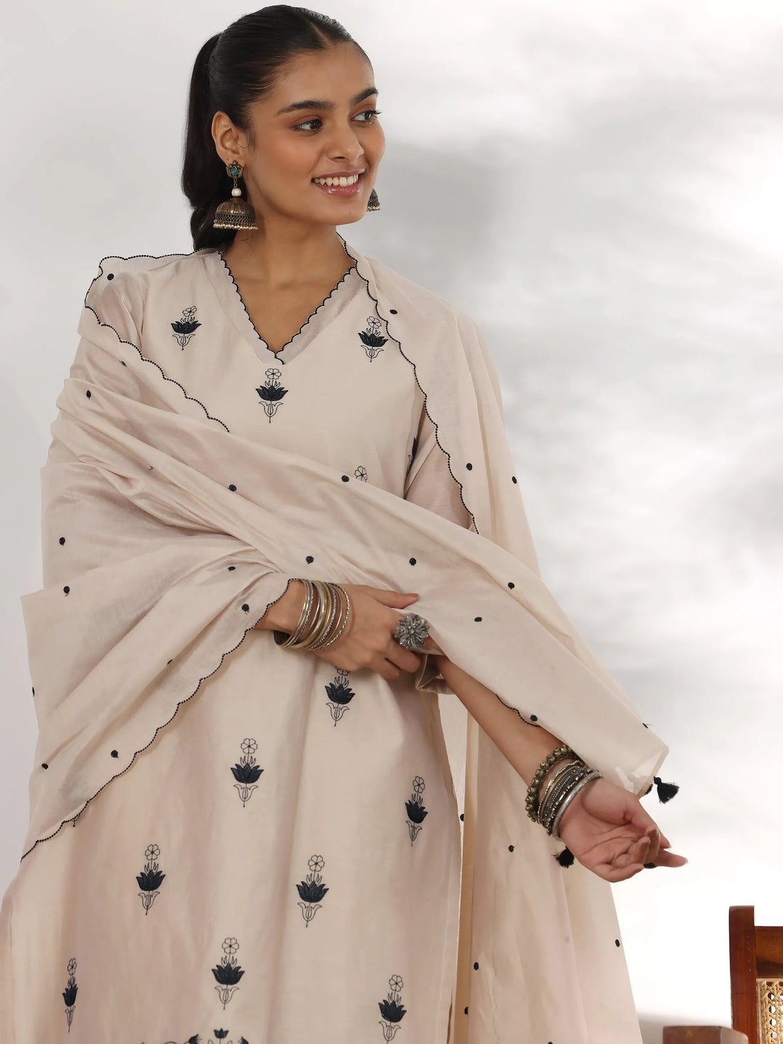 Mameraa Beige Embroidered Chanderi Silk Straight Suit With Dupatta