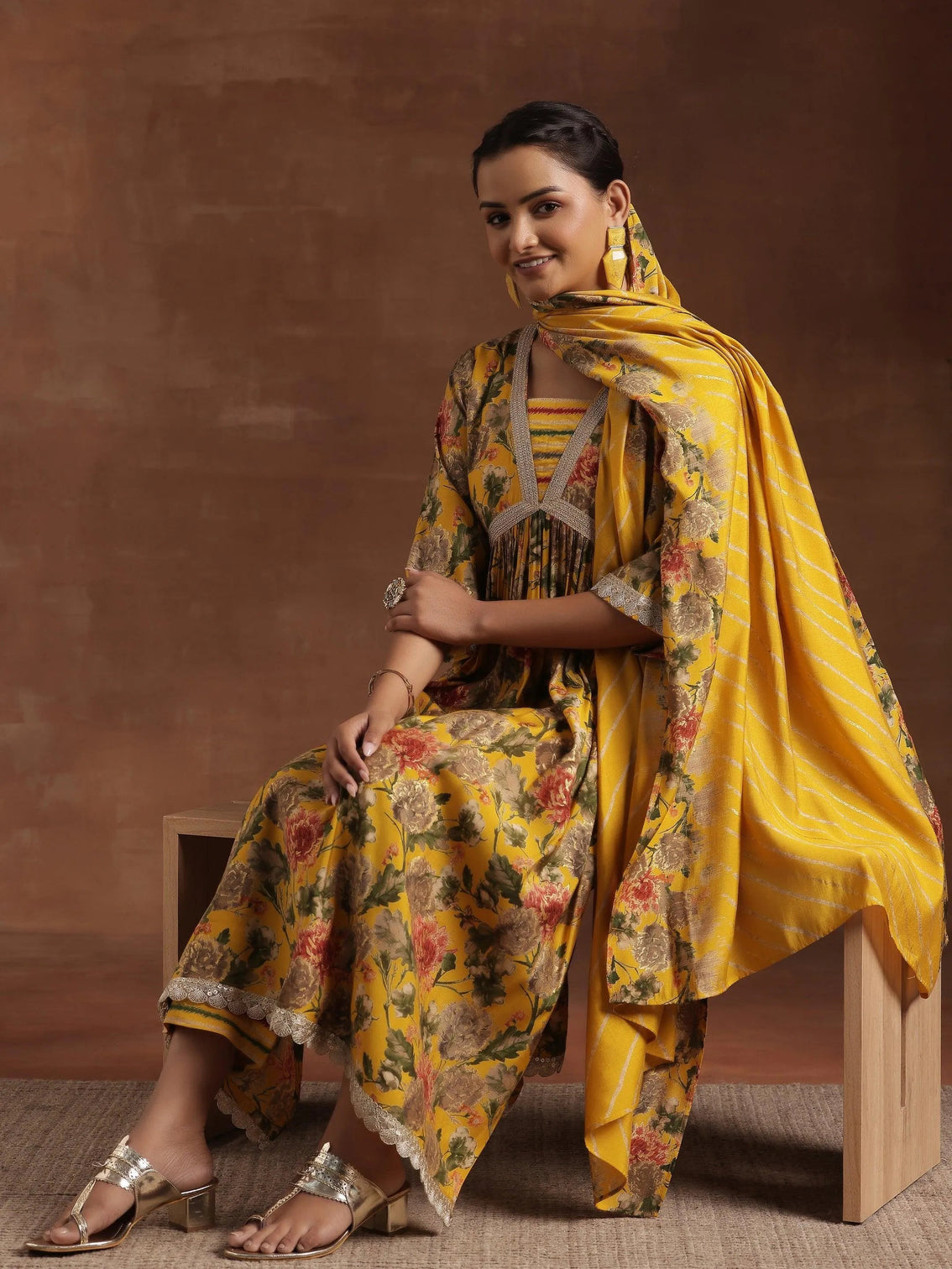 Mameraa Yellow Printed A-Line Kurta With Trousers & Dupatta
