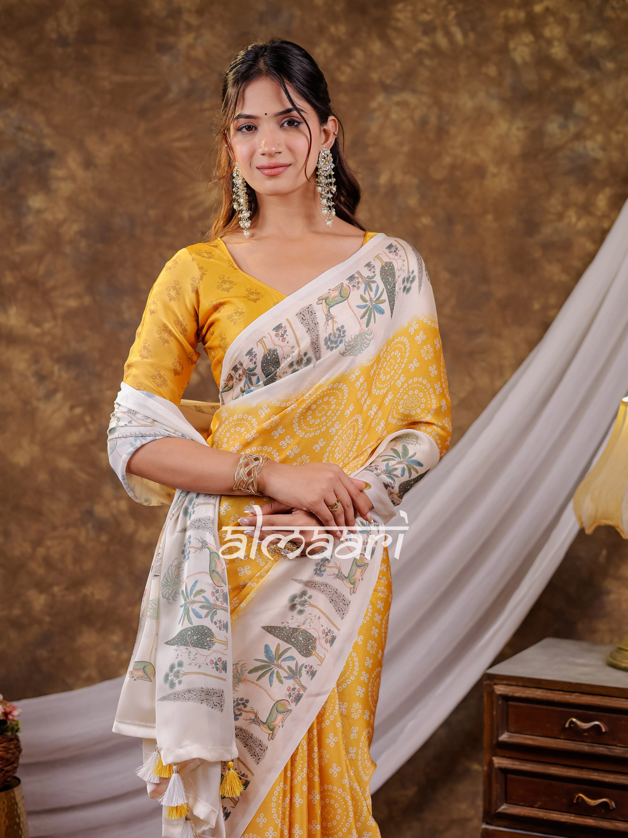 Vantara Mustard Yellow Satin Chiffon Printed Saree with Botanical Nature Print, Designer Tassel Pallu & Matching Blouse Piece